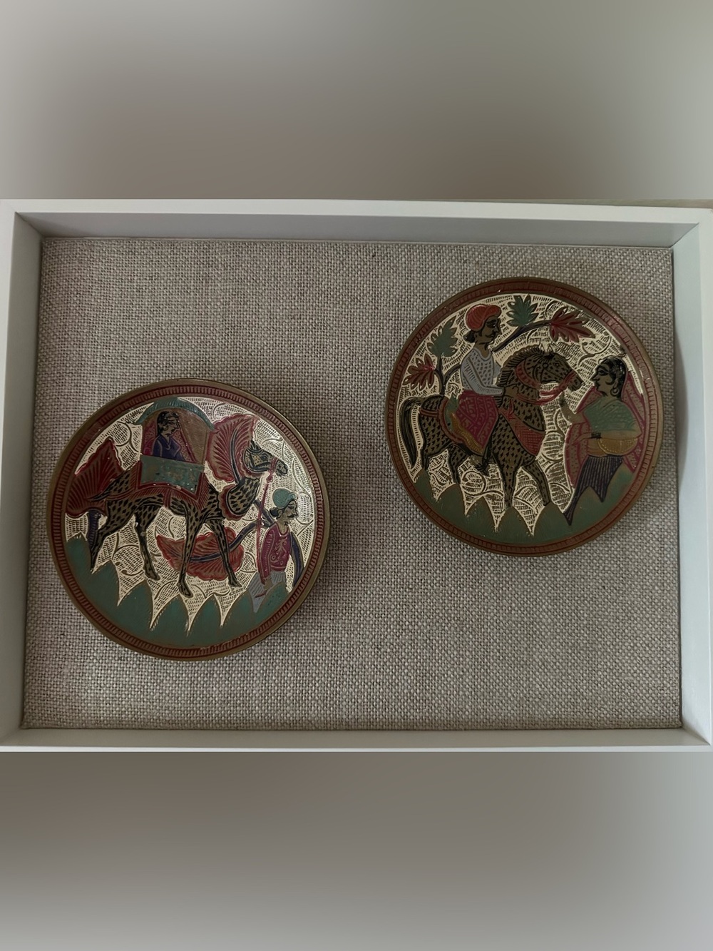 Vintage Indian Hand Painted Enamel Brass Decorative Plates. 4 1/2”